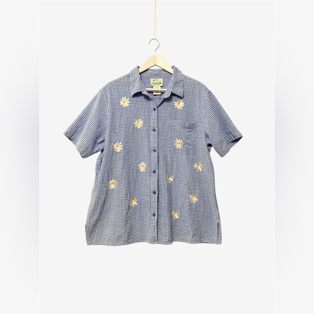 Quacker Factory Blue Gingham Seersucker Button Up Blouse Size 1X Cotton Daisy